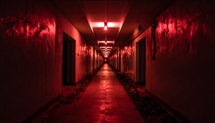 Sinister Red Lit Corridor Spooky Interior with Doors with Shadows Creepy Atmosphere.