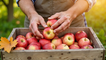 Man picking fresh apples from wooden crate in orchard during autumn  