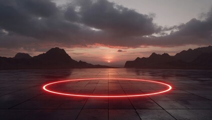 Red neon circle on a stone platform, sunset landscape