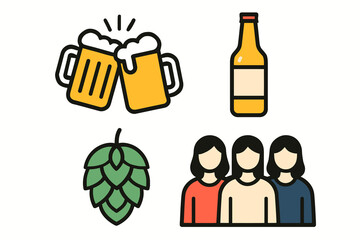 Fototapeta premium Colorful Beer Icons Featuring Cheers, Bottle, Hop Leaf, and Group of People Illustration