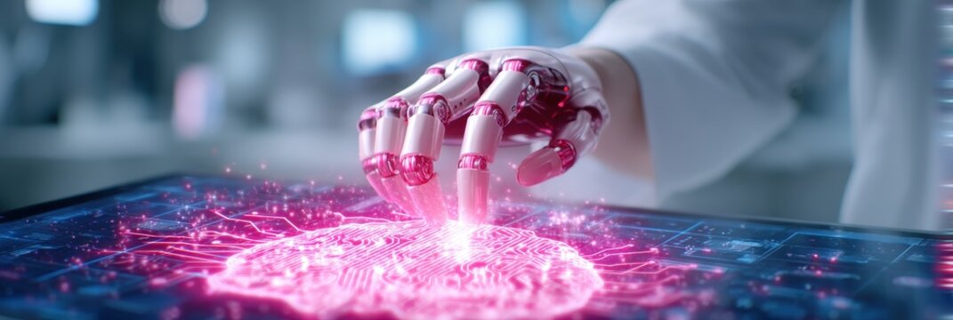 A robotic hand interacts with a futuristic digital interface displaying glowing circuits and data patterns in a high-tech environment.