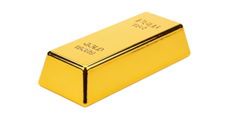 A single shiny gold bar with inscriptions isolated on transparent background