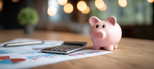 The pink piggy bank next to a calculator and financial documents on a desk.
