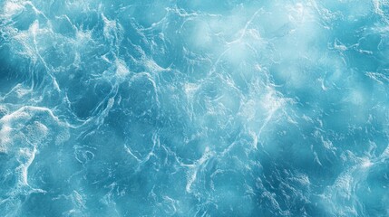 Fototapeta premium Transparent blue clear water surface texture with ripples, splashes, and bubbles. Abstract summer banner background with copy space. Water waves in sunlight