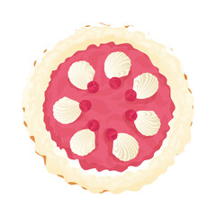 Cream cake with raspberry topping and cream swirls displayed from a top view in a vector illustration style