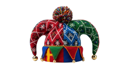 Colorful jester hat with bells isolated on transparent background