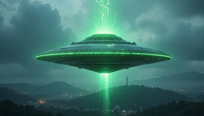 Alien Encounter in Mountains - Futuristic UFO with Glowing Green Lights AI-Generated for Sci-Fi Covers & Concept Art  