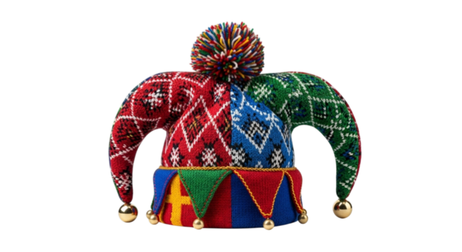 Colorful jester hat with bells isolated on transparent background