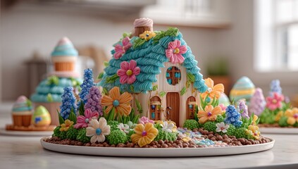 Colorful gingerbread house, detailed with frosting flowers and foliage, sits on a platter with other pastel Easter treats