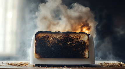 Smoke and flames rising from burning toast in white toaster