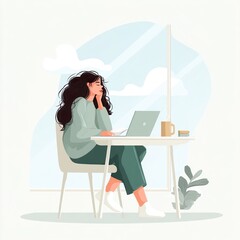 Woman Working at Desk with Laptop and Coffee. Illustration of a woman working at a desk with a laptop, coffee, and plants.