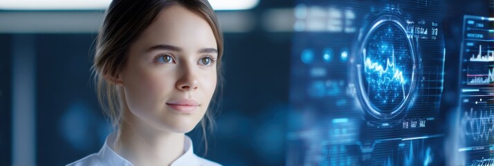 A focused woman analyzes digital data and futuristic charts on a transparent screen in a high-tech environment.