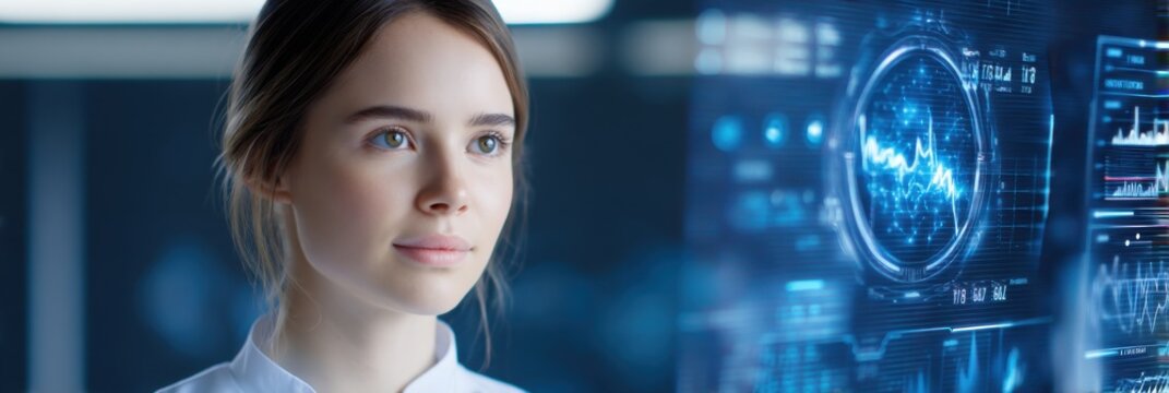 A focused woman analyzes digital data and futuristic charts on a transparent screen in a high-tech environment.