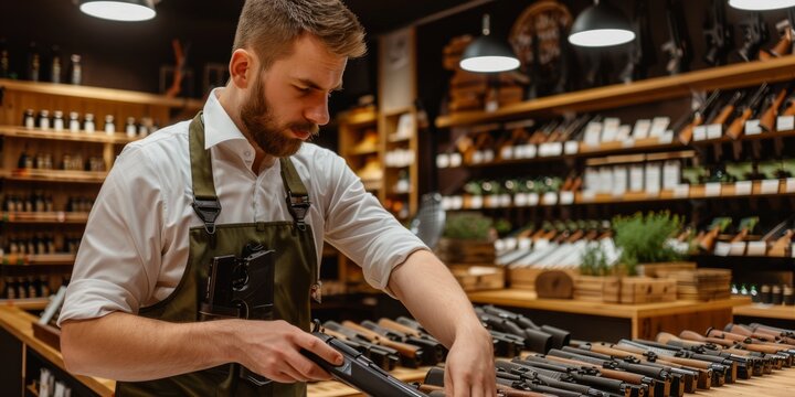 Gun shop seller arranging rifles on display counter