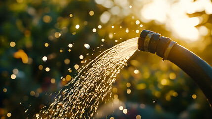 Water spraying from garden hose at sunset, watering plants