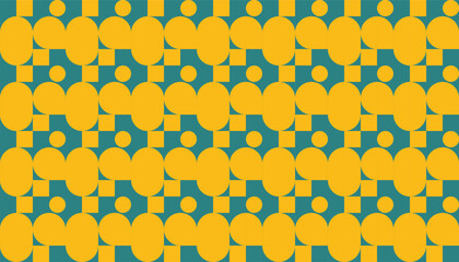 Mid-century modern pattern featuring repetitive yellow shapes in an abstract grid layout. Ideal for colorful retro prints and creative backgrounds