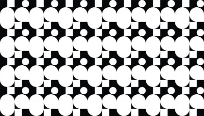 
A mid-century modern pattern featuring repeating black and white shapes in an abstract checkered layout. Ideal for colorful retro prints and creative backdrops