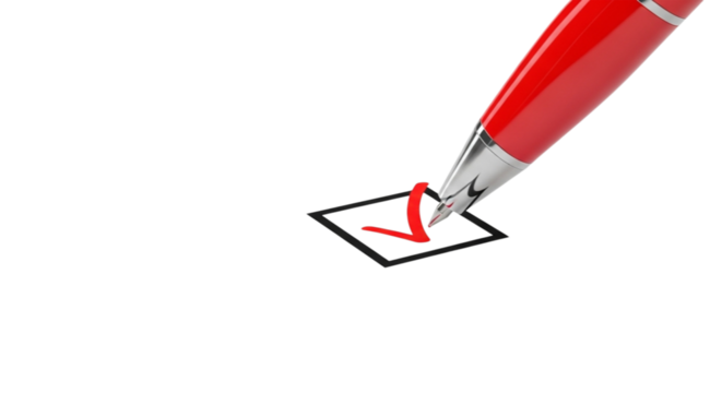 Red pen marking a checkbox with a checkmark isolated on transparent background
