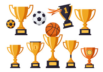 Golden Trophies with Soccer and Basketball Balls Flat Vector