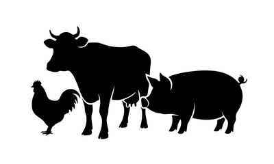 Silhouette Symbol of Cow, Pig, and Chicken Standing Side by Side, Minimalist Design