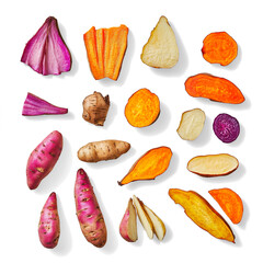 Colorful variety of sweet potatoes and root vegetables on a Transparent Background