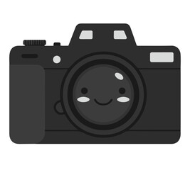 A happy cartoon camera, smiling lens, black body, simple design.