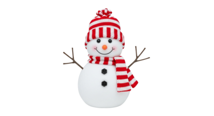 Cute christmas snowman with red and white striped hat and scarf isolated on transparent background