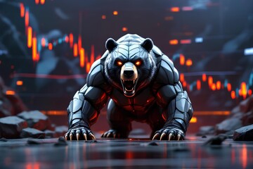 Fototapeta premium Fierce armored bear dominates financial market with fiery gaze and sharp claws