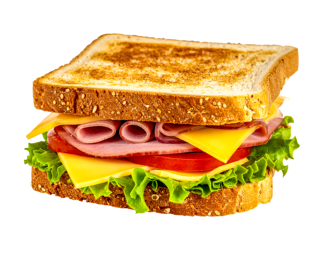 Delicious sandwich with ham cheese tomato and lettuce on toasted bread on transparent background