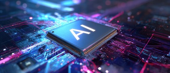 The AI Microchip on a Futuristic Circuit Board with Neon Lights