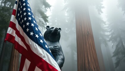 Bear statue with american flag, evocative of national parks and heritage