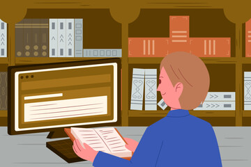 Person reading a book while working on a computer in a library filled with reference materials and academic documents.