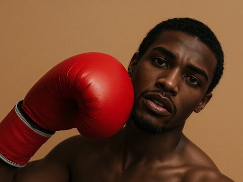 Portrait of a Confident Boxer with Red Glove Posing Against Beige Background. - Powered by Adobe
