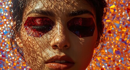 Woman with Shiny Red Hexagon Eye Patches and Bokeh Background, Captured in Bright Sunlight