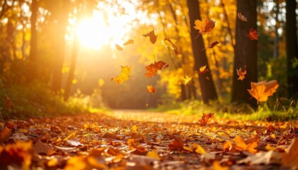 Autumn scene with golden sunlight illuminating a path covered in fallen leaves, and leaves falling from trees.