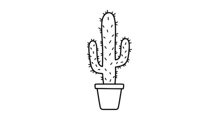 A simple illustration of a tall potted cactus with many spikes and two side arms standing in a white flower pot