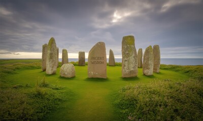Circle of weathered stones, inscribed with ancient wisdom, on a grassy knoll overlooking the ocean. Cloudy sky