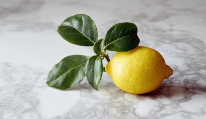 Bright yellow citrus fruit rests against vibrant green leaves on a textured creating a fresh and natural still life composition.