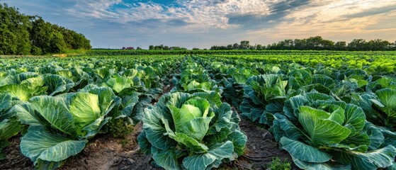 The lush cabbage field under a vibrant sky at sunset.