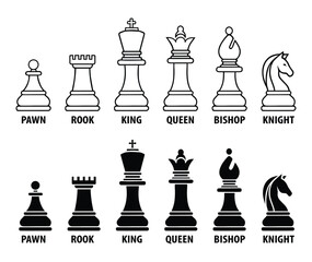 Strategic Chess Clip Art Editable transparent Black and White Vector Icons with King, Queen, Knight, Rook, Bishop and Pawn Silhouettes and one line for Tournament Checkmate and Board Game Infographics
