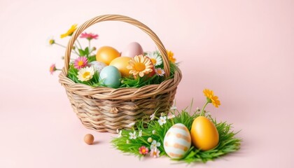 Charming easter basket with pastel eggs and blossoms against a soft pink backdrop