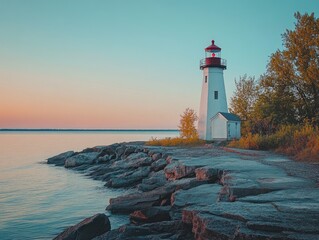 Photo of a quiet coastal lighthouse standing tall against the evening sky