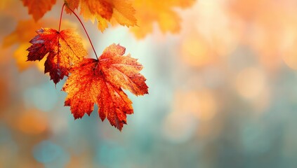 Vibrant autumn leaves, orange and red, hanging from branches, soft focus background