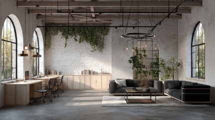 A stylish industrial interior with an open design, abundant natural light, and exposed brick
