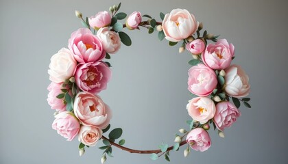 Delicate peony wreath on a soft gray background, perfect for spring announcements