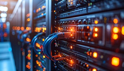 Modern data center servers running with glowing lights and connected cables for innovative tech solutions