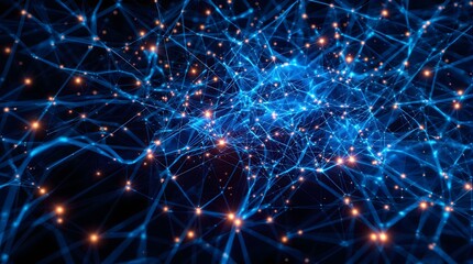 Dynamic luminous network of glowing blue lines and orange dots representing data connections and technological advancement.