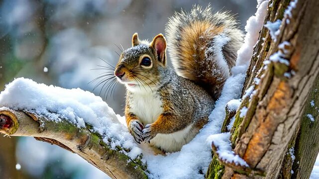 A gray squirrel sits on a snow-covered branch. The background features a winter landscape with falling snowflakes. The squirrel has a bushy tail and bright eyes.