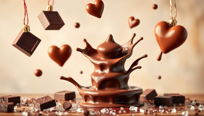 Decadent Chocolate Splash with Heart Ornaments for Sweet Celebrations