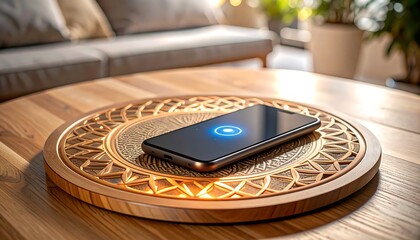 Experience effortless wireless charging with this modern smartphone on a decorative wooden tray